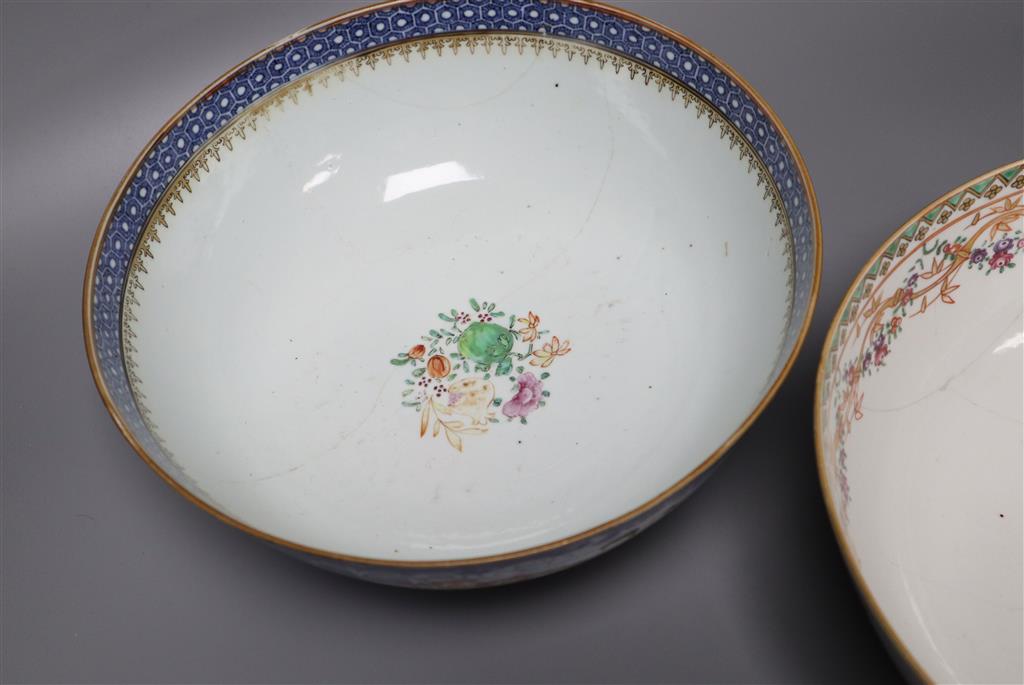 Two Chinese Export polychrome-decorated punch bowls, diameter 28.5cm (repairs)